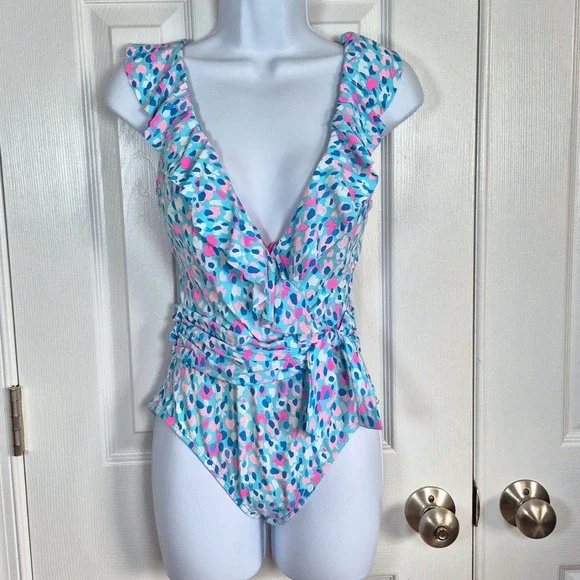Lilly Pulitzer Delphie one-piece blue pink leopard spot print swimsuit womens 2 - Picture 4 of 13